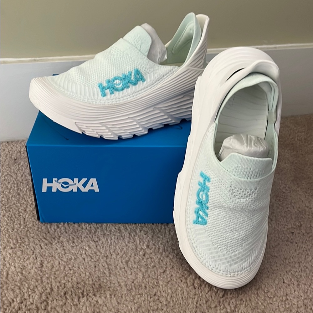 Hoka Restore TC White and Light Teal Sneakers